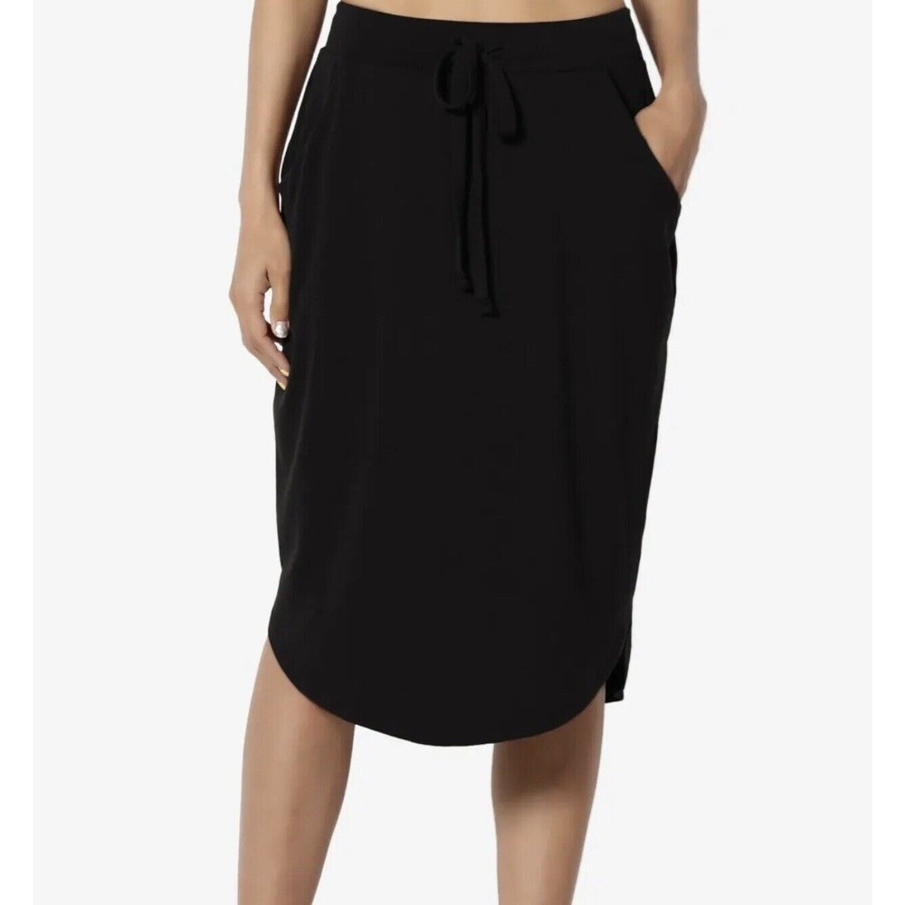 Women Drawstring Elastic Waist Dolphin Hem Stretch Jersey Midi Skirt Black L/XL - Picture 5 of 11